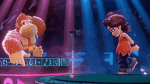 donkey kong and a little girl are singing into a microphone .