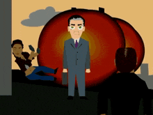 a cartoon of a man in a suit and tie standing in front of a large red object