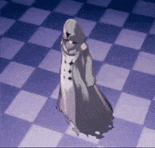 a person in a white robe with a hood is standing on a checkered floor .