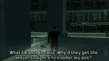 a video game scene shows a man standing in front of a building that says tube