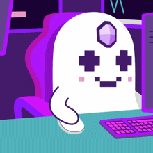 a cartoon of a ghost sitting in front of a computer keyboard