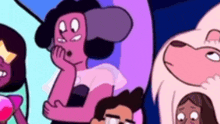 a group of cartoon characters are standing next to each other and one of them is covering her mouth with her hand .