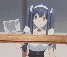 a girl in a maid costume is holding a piece of paper