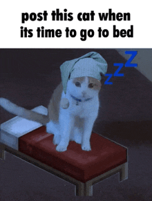 a cat wearing a sleep hat is sleeping on a bed