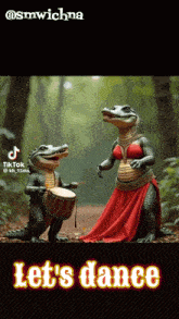 a couple of alligators playing drums with the words let 's dance