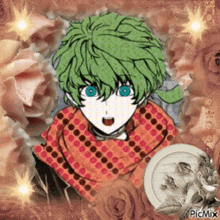 a boy with green hair and blue eyes is surrounded by roses and flowers .