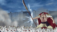 a man in a red cape is holding a spear in front of a wall with chinese writing on them