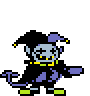 a pixel art drawing of a jester with a hat and a tail .