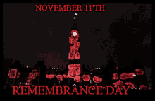 a poster for remembrance day shows a clock tower lit up in red