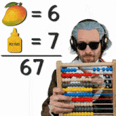 a man wearing headphones and sunglasses holds an abacus in front of a mango and mustard