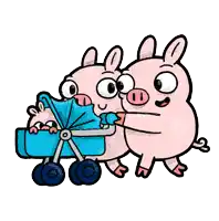 two pigs pushing a blue stroller with two piglets in it