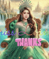 a woman in a green dress is sitting in a chair with the words miss leon thanks