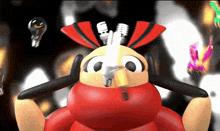 a red and yellow cartoon character with a light bulb in its mouth
