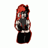 a cartoon drawing of a person with red hair and black pants