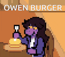 a pixel art of owen burger holding a spoon and a hamburger