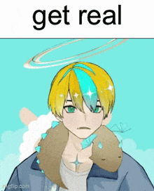 a drawing of a boy with the words get real on the top