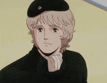 a man with blonde hair wearing a black hat and a black shirt