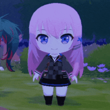 a cartoon character with pink hair and blue eyes is standing in a field
