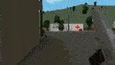a white building with a red cross on it is in the background of a video game