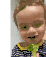 a young boy is eating a piece of broccoli with his mouth .