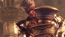 a video game character with a very angry face is holding a large vase
