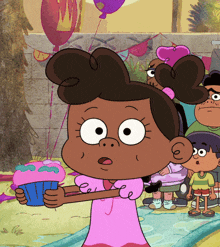 a cartoon girl in a pink dress holding a pink cupcake