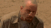 a bald man with glasses and a beard is kneeling down in the dirt .