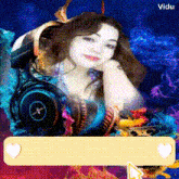 a picture of a woman wearing headphones with a yellow box in the middle that says vidu