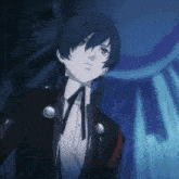a blue haired anime character with the letter s on his shoulder