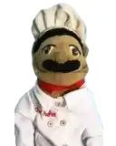 a stuffed animal with a mustache and a chef 's hat is wearing a chef 's coat .