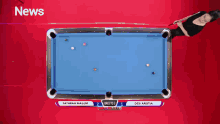 a pool table with the words news on the top