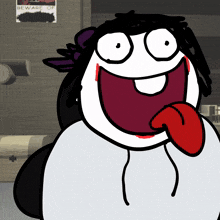 a cartoon character is sticking out his tongue in front of a beware of poster
