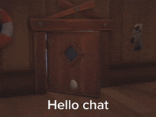 a penguin wearing an orange scarf is standing in front of an open door with the words hello chat above it