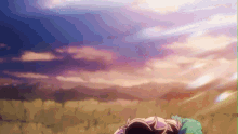 a person is laying on the ground in a field with a purple sky in the background