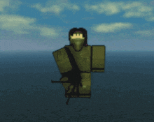 a roblox character is holding a gun in front of a blue sky