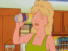 a cartoon of a woman drinking from a can in a kitchen