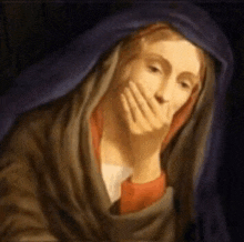 a painting of a woman with her hand on her mouth