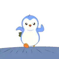 a cartoon of a blue and white penguin standing on a blue surface