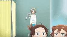 a girl with a blue bandana on her head stands in a room with a yellow curtain