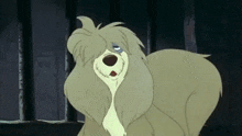 a cartoon dog with a sad look on his face is standing in a dark room .