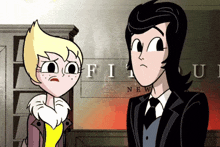 a couple of cartoon characters standing in front of a sign that says new
