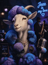 a painting of a goat wearing purple flowers and a badge that says jazz