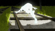 a drawing of a person walking on train tracks