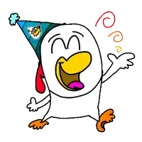 a cartoon of a chicken wearing a blue party hat