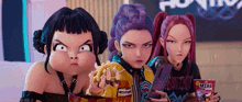 three cartoon characters are standing next to each other one of them is holding a bag of mira chips