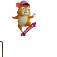 a hamster on a skateboard with a pink hat that says bart