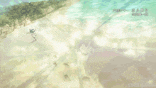 a cartoon drawing of a beach with chinese writing on the bottom right