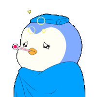 a penguin with a thermometer in its mouth and a towel on its head