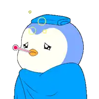 a penguin with a thermometer in its mouth and a towel on its head