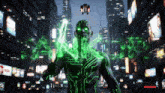a man with glowing green circuitry on his body stands in a city